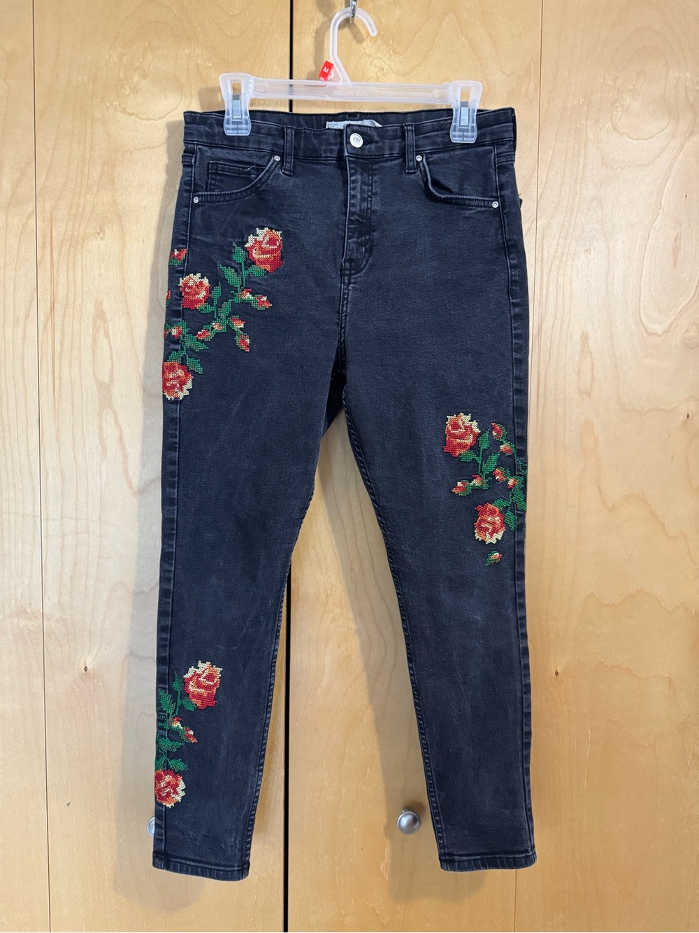 Topshop Black Skinny Jeans with Red Rose Embroidery